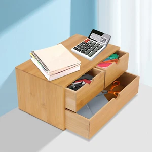Desk Organizer Natural Bamboo Desk Top Organizer Small with 3 Drawer Shelf - Picture 1 of 10