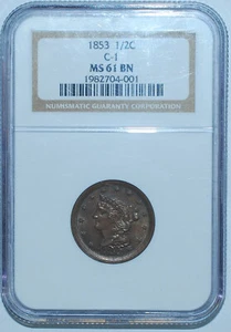 1853 NGC MS61BN Braided Hair Half Cent - Picture 1 of 2