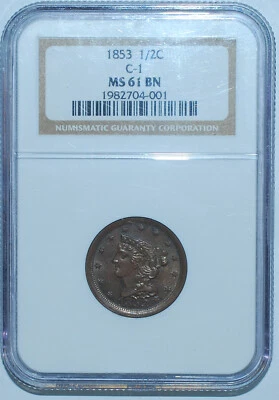 1853 NGC MS61BN Braided Hair Half Cent - Image 1 of 2