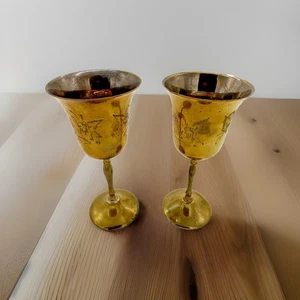 Solid Brass Etched Wine Goblets Pair of (2) 6.25" High Nice Patina Made in India - Picture 1 of 9
