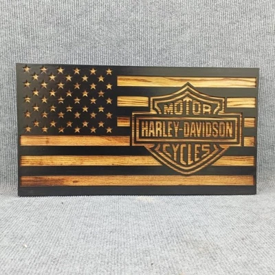 Rustic Personalised Harley Davidson Rustic Wood Flag, Handmade Unique Biker Art - Image 1 of 4