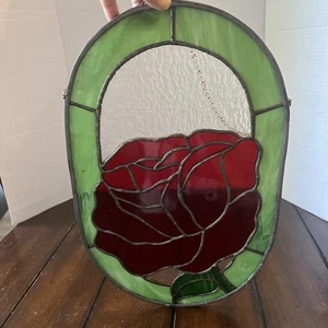 VTG 16”x 10 Stained Glass Panel-THE RED ROSE-Handcrafted - Picture 1 of 12
