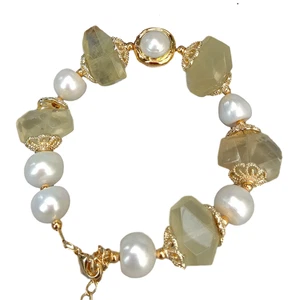 Bracelet perles Keshi blanches eau douce quartz citron naturel 8" - Photo 1/6