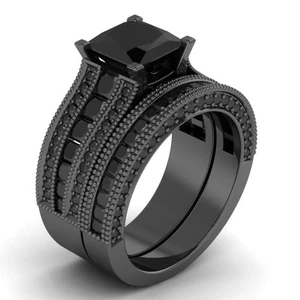 3.45 Ct Princess Channel-Set Simulated Diamond Bridal Rings Black Rhodium Plated - Picture 1 of 4