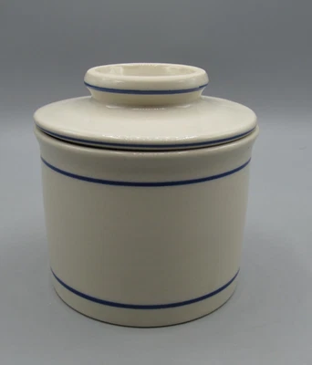 Butter Keeper French Bell Stoneware Dish Crock Storage Norpro 4” w/Blue Stripe - Image 1 of 4