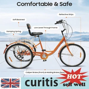 Triciclo para adultos 24" rueda para adultos 6 velocidades triciclo de carga triciclo crucero + cesta Reino Unido - Imagen 1 de 21
