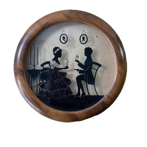 30er Jahre REVERSE GLAS SILHOUETTE umwerbendes Paar runder Holzrahmen - Bild 1 von 7
