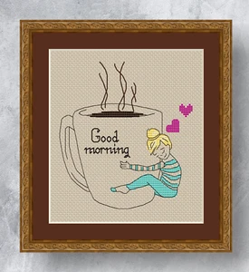 Good Morning with coffee cup - Counted cross stitch kit (with DMC threads) - Bild 1 von 1