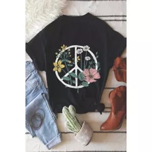 Black Boho Floral Peace Sign Graphic Oversized Womens Tee T-Shirt - Picture 1 of 4