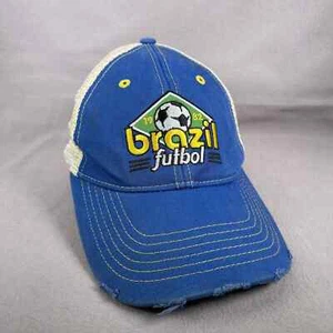 Brazil Futbol Hat Youth One Size Blue Trucker Cap Soccer Embroidered Distressed - Picture 1 of 10