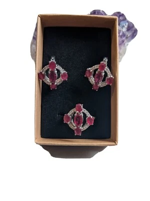 Premium 925 Sterling Silver Ruby And CZ Set Ring size O1/2 & earrings - Image 1 of 4