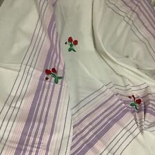Vtg Linen Farmhouse Tablecloth with Embroidered Strawberry Motifs Summer Garden