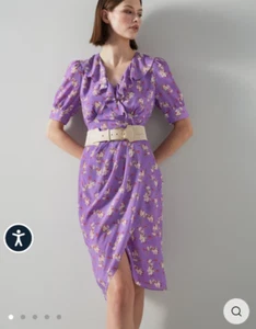 BNWT LK Bennett Size 14 Ophelia Purple Cherry Blossom Print Ruffle V Neck Dress - Picture 1 of 8