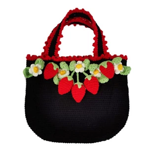 Handmade Knitted Bag Black Tote Key Storage Handbag Purse Cup Strawberry Bags - Picture 1 of 4