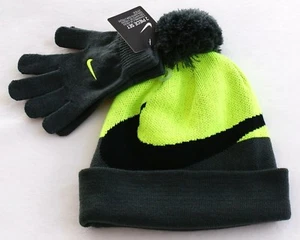 Nike Volt & Gray Knit Cuff Pom Beanie & Stretch Gloves Youth Boy's 8-20 NWT - Picture 1 of 2