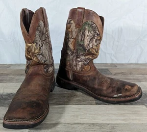 Justin WK4676 Brown Camo Leather Sq Toe Waterproof Work Western Boots Mens 10.5 - Picture 1 of 10
