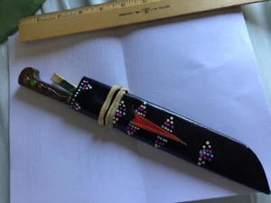 Knife. Brass Inlay  Handle.  Leather Sheath vintage Unique - Picture 1 of 9