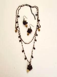 Vtg Set Necklace Earrings Czech Art Glass Beads Bronze Amber Stations Victorian - Picture 1 of 10