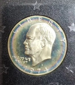 1971 EISENHOWER IKE PROOF SILBER DOLLAR MIT SCHÖNER REGENBOGENTÖNUNG IN BRAUNER BOX - Bild 1 von 6