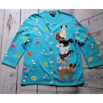 BEREK Lindo Suéter Perro Azul Claro Talla S Cárdigan Huesos en Botones Foto 1 de 4