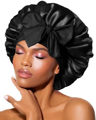  Silk Bonnet for sleeping Women Satin bonnet Hair Bonnet Night Medium Black - Image 1 of 4