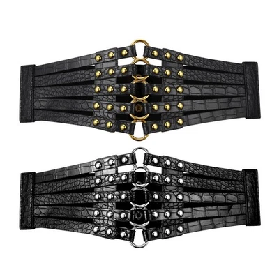 Women’s Punk Cutout Rivet Circular Ring Corset Belt Adjustable Buckle Waist Belt - Image 1 of 4