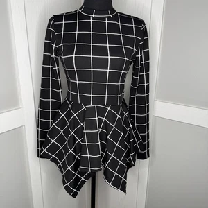 SHEIN Grid Print Peplum Top | Size Small Black White Long Sleeve Fitted Stretch - Picture 1 of 7
