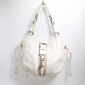 PRADA Hobo Handbag M White Pebble Leather Beige  Grossgrain Ribbon Silver Tone - Picture 1 of 24
