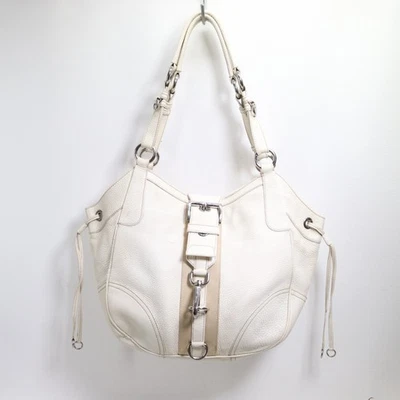 PRADA Hobo Handbag M White Pebble Leather Beige  Grossgrain Ribbon Silver Tone - Image 1 of 4