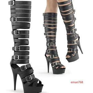 Women's Strap Buckle Stiletto Gladiator High Heel Cut Out Buckle Nightclub Boots - Picture 1 of 10