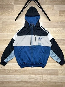 Vintage 90s Adidas Zip Up Blue White Hooded Basketball Track Jacket Trefoil Sz L - Picture 1 of 22