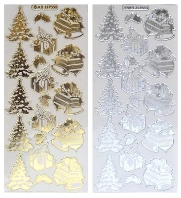 EMBOSSED CHRISTMAS TREES BELLS GIFT Peel Off Stickers Gold Silver Clear Sticker  - image 1 of 3
