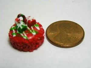 Dollhouse Miniature 1/2" Scale Christmas Cake round Red w/ pkgWhite trim #008 - Picture 1 of 1