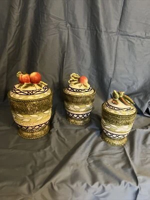 3 Fitz & Floyd BELLA VISTA Lattice Vine Vegetable Hand Painted Canisters Nice!  - Image 1 of 4