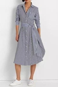 LAUREN RALPH LAUREN Petite Striped Cotton Broadcloth Logo Shirtdress Sz 10P NWT - Picture 1 of 3