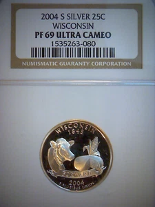 2004-S PROOF SILVER WISCONSIN STATEHOOD QUARTER NGC PF 69 ULTRA CAMEO - Picture 1 of 4