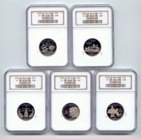 2000-S Clad Proof State Quarter Set, NGC PF-69 Ultra Cameo, MA, SC, VA, NH, MD Cover
