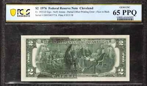1976 $2 FEDERAL RESERVE NOTE PARTIAL OFFSET PRINTING ERROR PCGS B GEM 65 PPQ - Picture 1 of 2