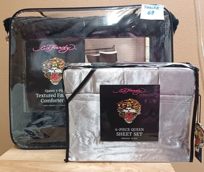 Juego de edredón Ed Hardy Tiger texturizado imitación piel 3p Queen y juego de sábanas gris satinado 6p Foto 1 de 4