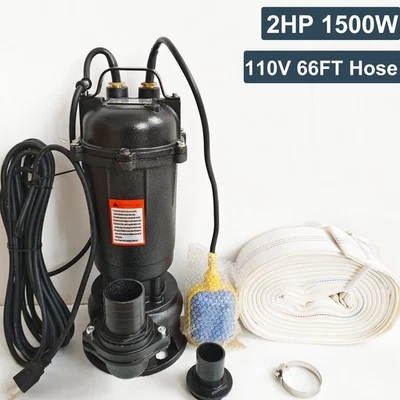 Bomba de sumidero sumergible de 2 HP 1500 W bomba de aguas residuales de hierro fundido 6498 GPH con manguera de 66 pies 110 V Foto 1 de 4