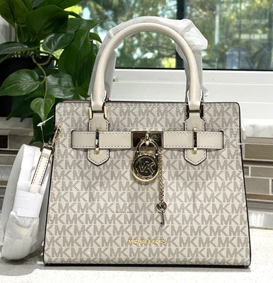 MICHAEL KORS HAMILTON SMALL SATCHEL KEY LOCK CROSSBODY BAG LIGHT CREAM MK LOGO - Image 1 of 4