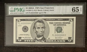 2005-A $5 FRN San Francisco *LOW* Serial Numbers ~02222226~PMG 65 - Ships Free - Picture 1 of 2