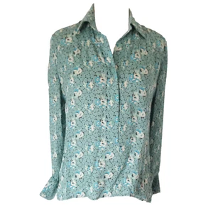 Tucker 100% Silk Popover Shirt Top Size S Turquoise Long Sleeve Floral Print - Picture 1 of 8