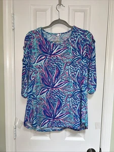 Blusa Lulu B Talla Pequeña Rosa Azul Púrpura Piña 3/4 Mangas Laterales Abiertas Con Ojales - Imagen 1 de 4