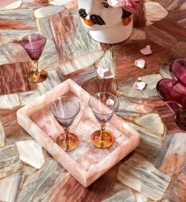 Bandeja para servir alimentos de ágata de cuarzo rosa natural de 12"x7" hecha a mano mosaico arte regalos Foto 1 de 3