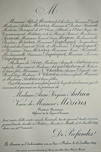 MEZIERES Aubrion Rehon FAIRE PART Marpon Duplaquet Benech Livio Charton 1899 - Bild 1 von 2