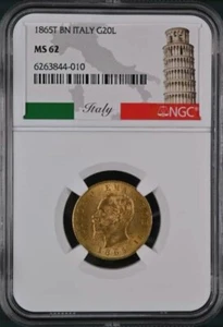 ITALY , GOLD 20 LIRE 1865 T BN - NGC MS 62 , RARE2 - Picture 1 of 2