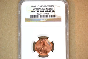 1999 Lincoln Cent- Broadstruck w/ Obverse Indent- NGC MS-63 RD.    Dramatic!! - Picture 1 of 5