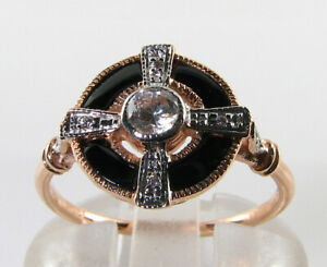 9K 9CT ROSE GOLD SAPPHIRE ONYX DIAMOND ART DECO INS CLUSTER RING FREE RESIZE