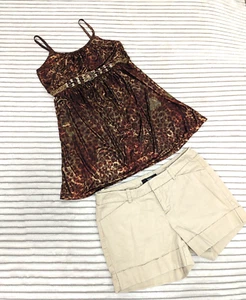 Massimo Shorts Womens Size 2 Fit 3 Tan Flat Front Chino Roll With Sexy Tank  - Picture 1 of 9